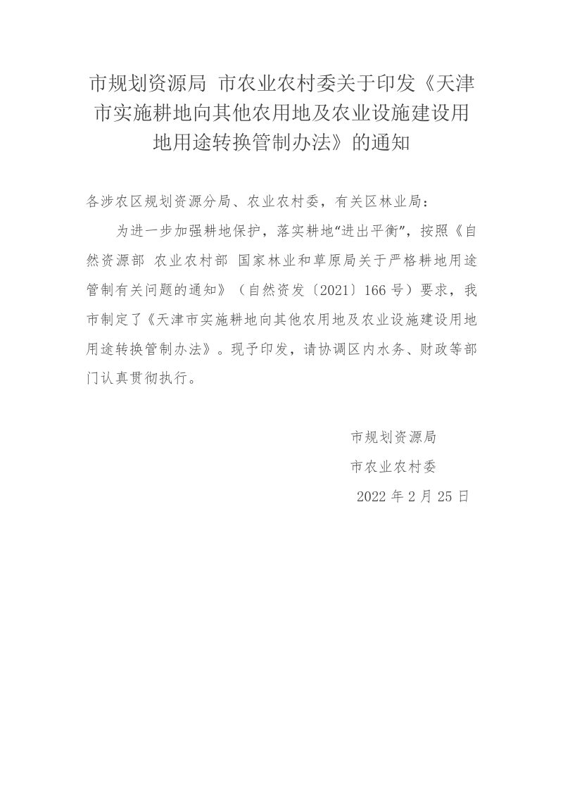 天津市实施耕地向其他农用地及农业设施建设用地用途转换管制办法（自2022年5月19日起施行）第1页
