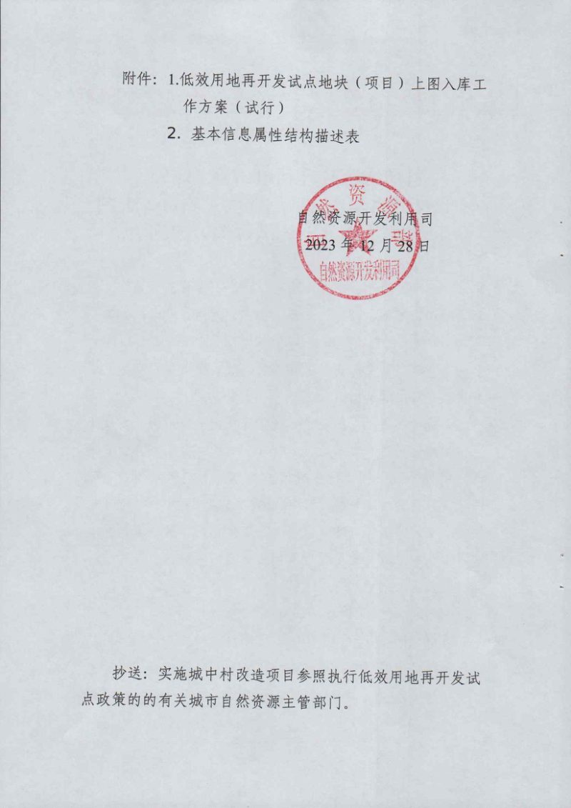 自然资源开发利用司《低效用地再开发试点地块（项目）上图入库工作方案（试行）》自然资利用函〔2023〕197号第2页