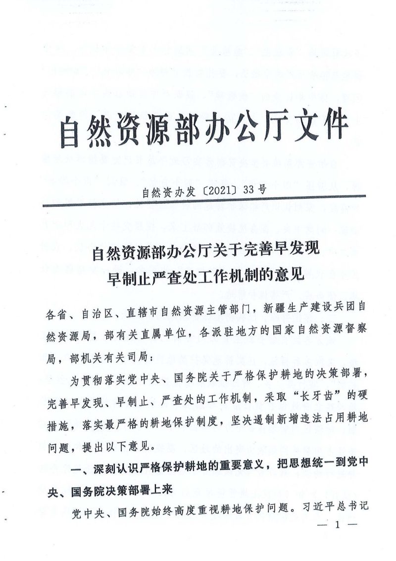 自然资源部办公厅《关于完善早发现早制止严查处工作机制的意见》自然资办发〔2021〕33号第1页